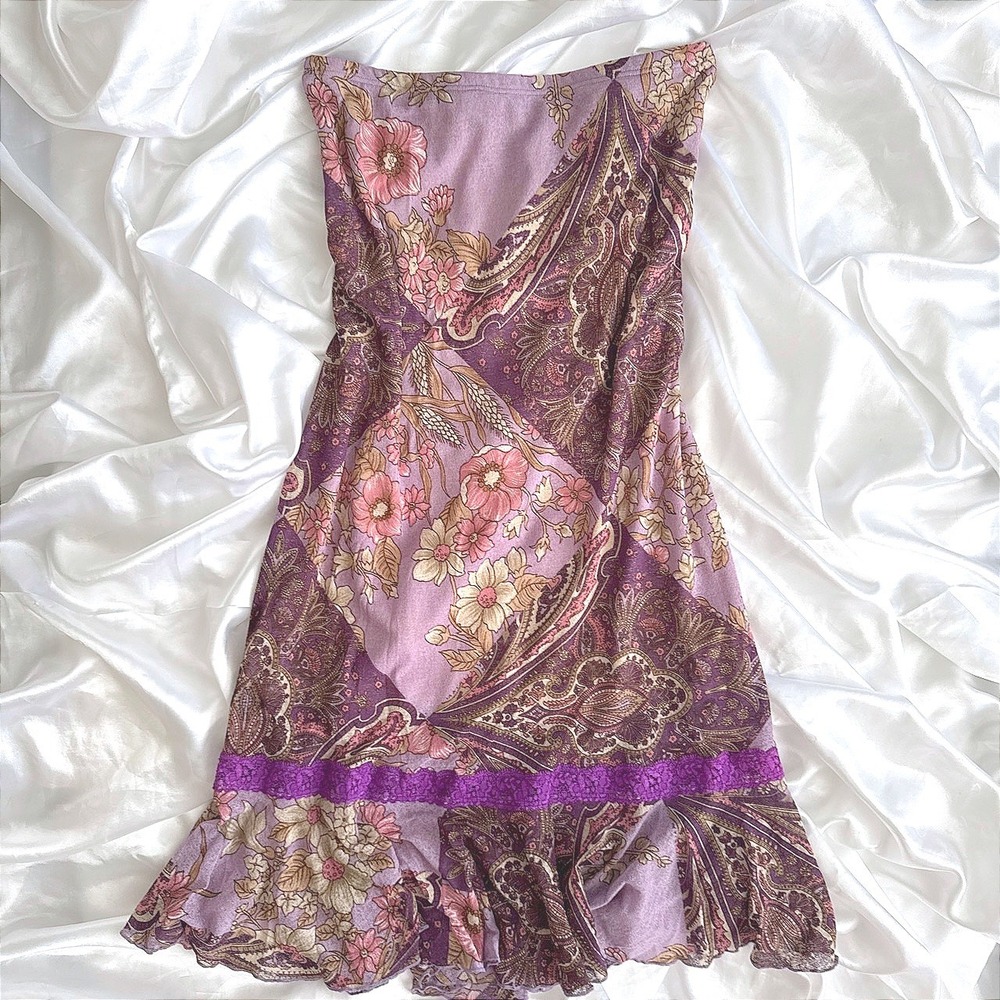 Lapis Purple Paisley Floral Patchwork Lace Trim Ruffle Mermaid Midi Skirt